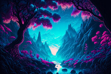 Fototapeta na wymiar Fantasy landscape, purple trees, mountains. Generative AI