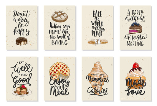 Set of 8 vector bakery posters with hand drawn unique funny lettering design element for kitchen decoration, prints and advertising cafe wall art. Engraved sketch of cupcake, pancakes, pie, croissant.
