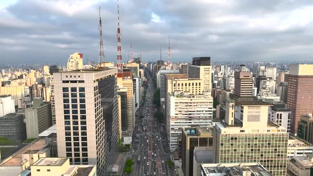 Panoramic aerial image of Avenida Paulista in Sao Paulo, Brazil 4k