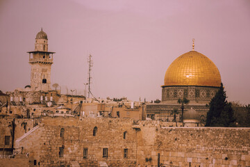 The Dome of the Rock on the temple mount, and the western wall in Jerusalem