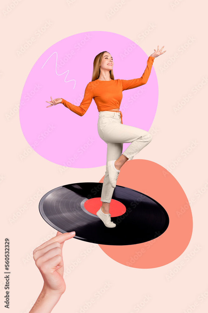 Sticker Vertical collage image of arm fingers hold vinyl record mini positive funky girl dancing isolated on creative background