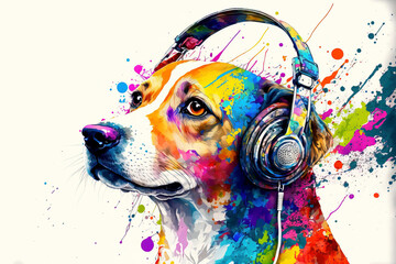 Cool  dog with headphones listening music, colorful paints smudges, spatter. generated sketch art	
