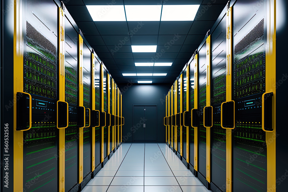 Poster the data center has a room with rows of server hardware. generative ai