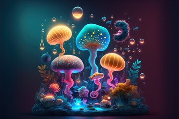  a group of jellyfish in the ocean with bubbles and bubbles on them, under a blue sky with stars and bubbles, under a seahorse, and a seahorse, under a.