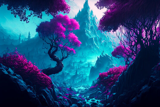 Fantasy landscape, mountain, purple forest. Generative AI