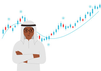 A arab man on the background of a Forex chart. Conceptual illustration on the topic of strategic planning in trading on the stock exchange.