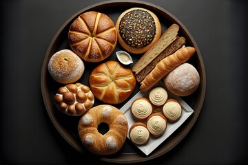  a plate of different types of bread and pastries on a table top, with a black background, with a black border around the plate, and a black background, with a black border.