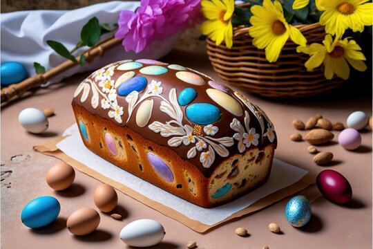  a cake with a flower design on it sitting on a table with eggs and flowers in the background and a basket of flowers in the foreground with eggs on the table top of the.
