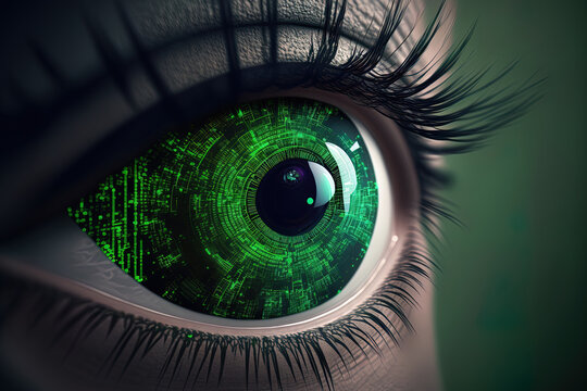 a metaverse idea. A close up of an eye with vertical green coding that resembles a matrix in the background. Generative AI