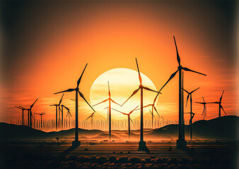  a sunset with a group of wind mills in the foreground and a sun in the background with a mountain range in the distance with a few clouds and a few hills in the foreground.