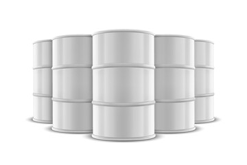 Vector 3d Realistic Five White Barrels, Hazard Liquid. Caution Barrel, Radioactive, Hazardous Chemical Materials, Toxic Pollution, Many Danger Barrels, Stack, Set Closeup Isolated