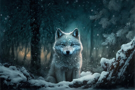 Adorable little wolf pup in a magical fantasy forest, Generative AI