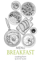 Vector illustration of different breakfasts. Fried eggs with bacon, tomatoes, mushrooms in a pan, pancakes, oatmeal with fruits, corn flakes with fruits, bread on the board, sandwiches