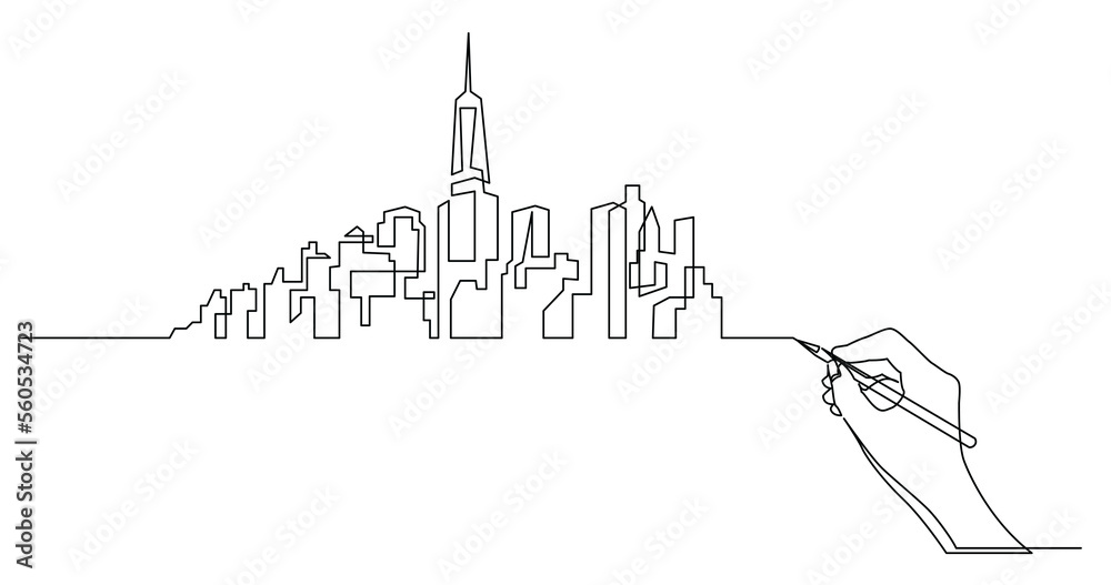 Wall mural hand drawing business concept sketch of city buildings skyline - png image with transparent backgrou