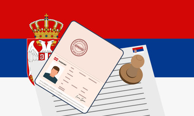 Serbia visa, open stamped passport with visa approved document for border crossing. Immigration visa concept. Background with Serbia flag. vector illustration