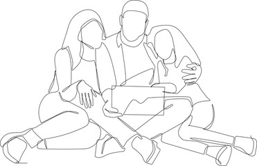 One continuous line drawing of young family watching a film at digital tablet. Happy family concept. Single line draw vector graphic design illustration