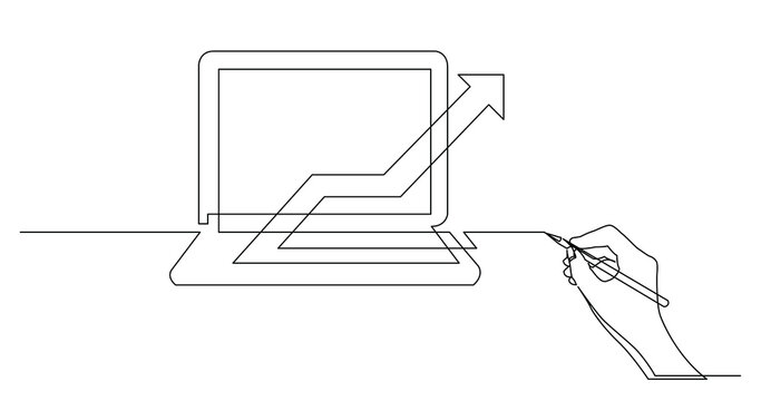 hand drawing business concept sketch of laptop computer with rising chart arrow - PNG image with transparent background