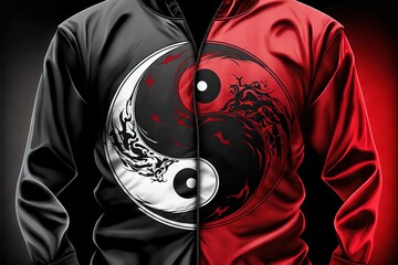  a man wearing a red and black jacket with a yin - yang symbol on it's chest and a black and white dragon on the chest, on the chest, and a red background.