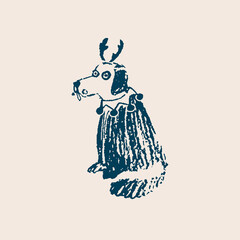 New Year illustration. A dog in a deer costume. Freehand drawing.