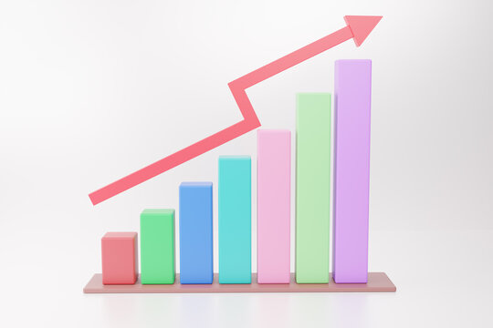 3d rendered business graph in multiple colors with arrow showin growth. Bar graph in an isolated room