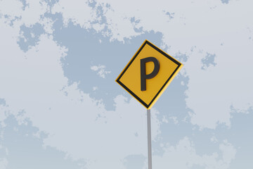 parking traffic signboard 3d rendered with cloudy sky in the background. Yellow signboard design