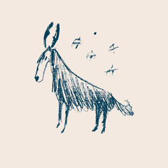 Winter hand drawn illustration. Postcard graphics. Minimalistic dog with deer horns.