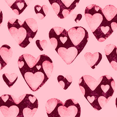 Fototapeta na wymiar Watercolor seamless pattern with hearts. Bright watercolor romantic texture. Happy Valentine's day or wedding background. 