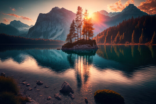 Gorgeous autumn sunrise over Hintersee lake. Trees in a lovely setting on a rock island. Location Ramsau Resort, Berchtesgadener Land National Park, Upper Bavaria, Germany Europe's Alps. Generative AI