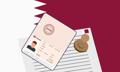 Qatar visa, open stamped passport with visa approved document for border crossing. Immigration visa concept. Background with Qatar flag. vector illustration
