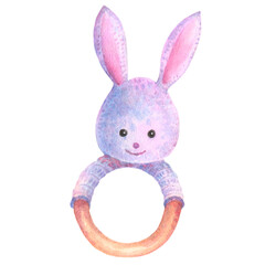 Wooden teether and bunny toy, hand drawn baby shower design element. Watercolor illustration isolated on white background.