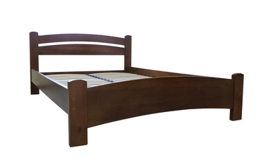 lacquered arched wooden bed with slats without mattress, isolated on a white background