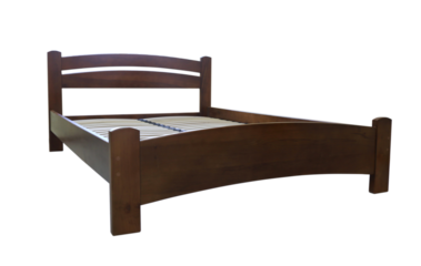 lacquered arched wooden bed with slats without mattress, isolated on a white background