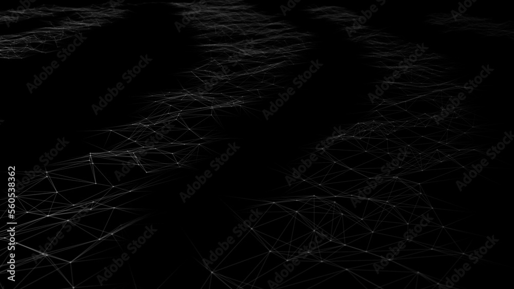 Poster Wave of digital particles on a black background. Abstract interlacing lines and points. Digital connection of elements. Simulation of the movement of small particles. 3D rendering.