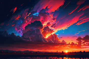 Fototapeta na wymiar magical sunset sky, anime landscape, art illustration 