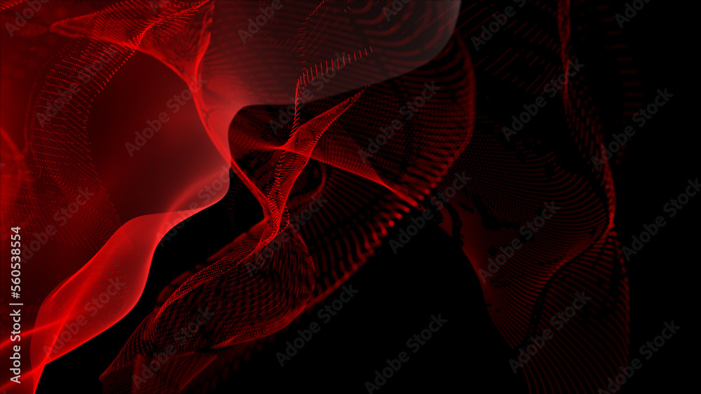 Poster Textured wave of particles. Visualization of technological connections. Molecular connection of particles in space. A wave of atoms. 3d rendering.