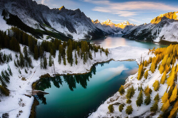 Fototapeta na wymiar Winter landscape with mountains, Generative AI 