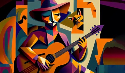 Abstract Cat Man playing at guitar, digital painting cubism style
generative ai 
