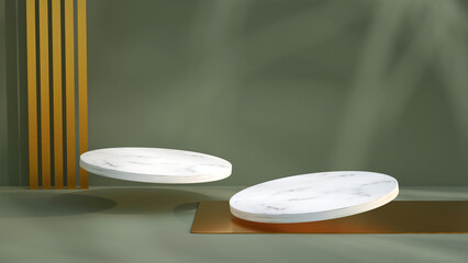 3d render scene woth falling marble podiums and gold decoration. Green olive wall with thin cylinder platforms for jewelry display. Luxury mockup template for advertising