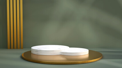 3d render marble and gold podiums on green background. Premium jewelry or beauty product showcase. Luxury presentation for advertising or award concept