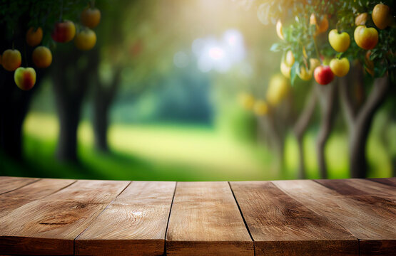 Wooden table background with summer apple orchard and apples. Rustic empty wooden table for product and merchandise display. Generative AI image illustration