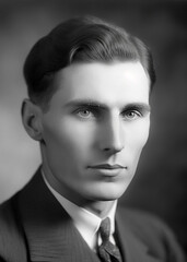 Vintage black and white portrait of a man looking at the camera. Image generated with generative AI