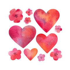 Watercolor hearts and flowers. Valentine's day card design. 