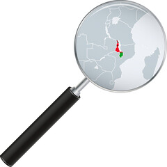 Malawi map with flag in magnifying glass.