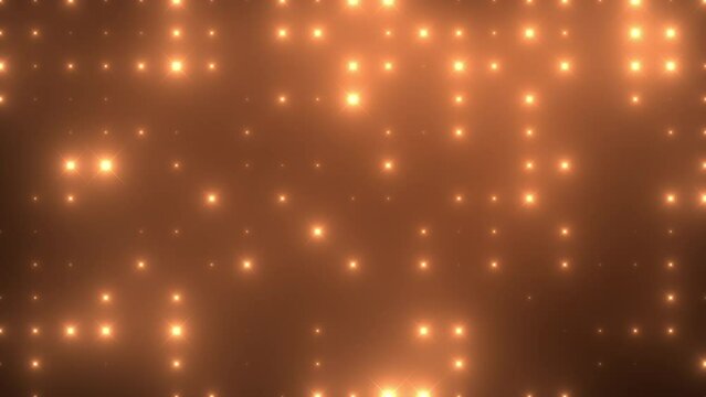 Colorful loop led back wall light bulbs. Glowing lamp background animation. Golden motion background for music video or stage event entertainment or concert. Copy space for text or logo