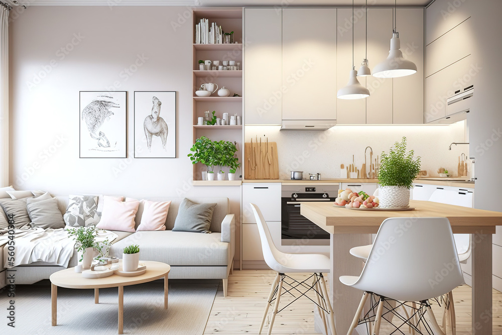 Wall mural Warm pastel white and beige colors are used in the interior design of the spacious, cheerful studio apartment in the Scandinavian style. Modern touches in the kitchen and fashionable furniture in the