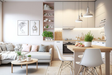 Warm pastel white and beige colors are used in the interior design of the spacious, cheerful studio apartment in the Scandinavian style. Modern touches in the kitchen and fashionable furniture in the - obrazy, fototapety, plakaty