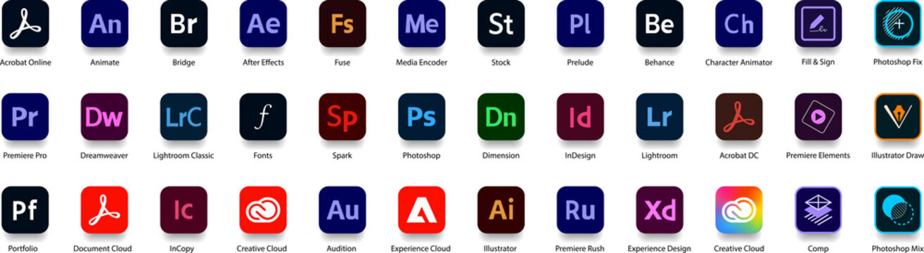 Adobe Products: Acrobat, Bridge, After Effects, Stock, Illustrator, Photoshop, InDesign, Premiere Pro, Behance, Lightroom, Creative Cloud etc. 