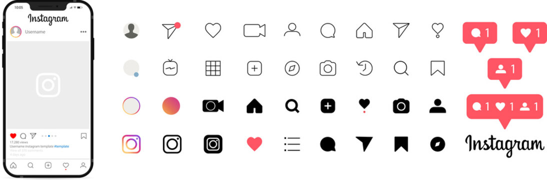 Instagram mockup. Interface template on Apple iPhone. Screen interface. Instagram application, template. Instagram photo frame. Social media mobile app page template. 
