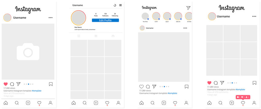 Instagram icons. Template frame for social media. Instagram mockup. Interface template on Apple iPhone. Screen interface. Instagram application. Instagram photo frame. 