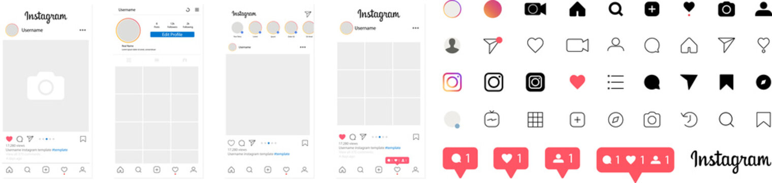 Instagram icons. Template frame for social media. Instagram mockup. Interface template on Apple iPhone. Screen interface. Instagram application. Instagram photo frame. 